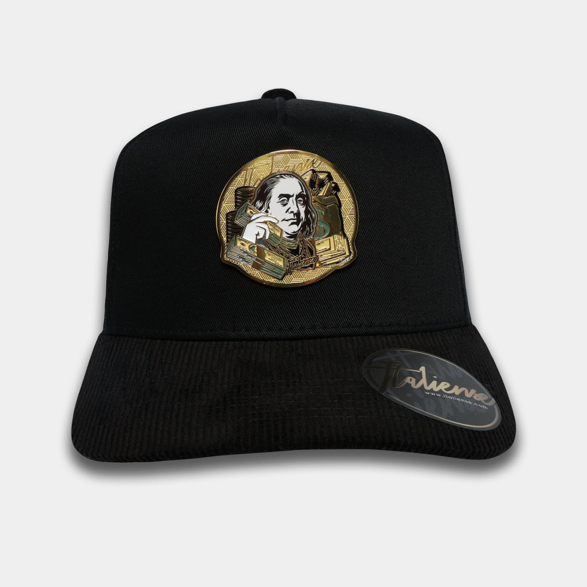 Dinero Llama Dinero Black Hat by Italiense, front portrait patch view