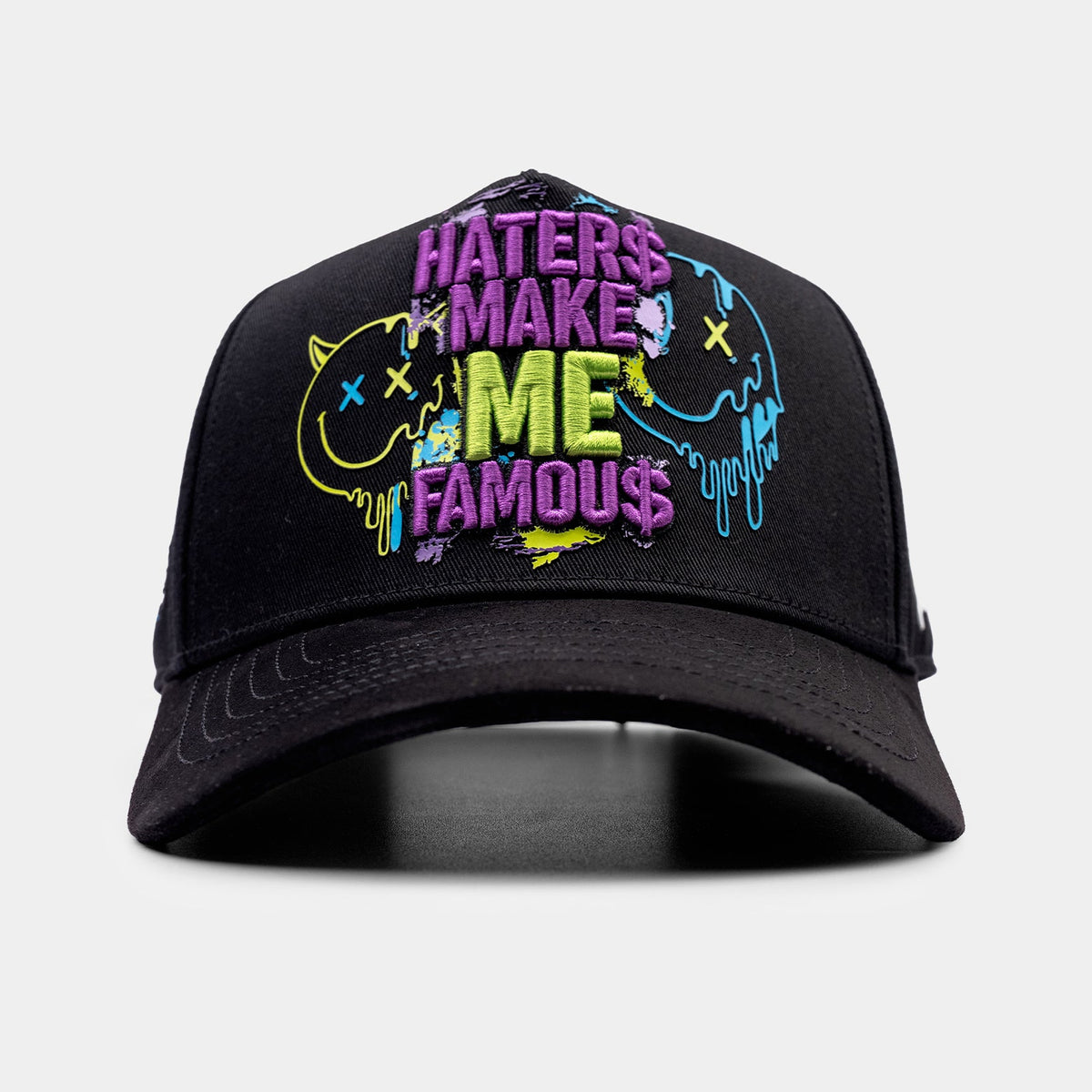 Haters Make Me Famous Black Hat by Italiense, front colorful embroidery view